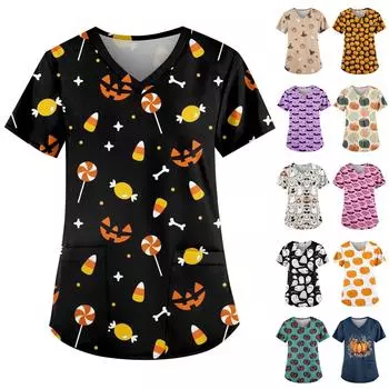 Женская симпатичная рабочая одежда с принтом призрака, V-образный вырез, двухслойные карманы, базовый короткий рукав, пуловер на Хэллоуин S фиолетовый