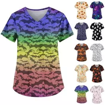 Женская симпатичная рабочая одежда с принтом призрака, V-образный вырез, двухслойные карманы, базовый короткий рукав, пуловер на Хэллоуин XXXXXL чёрный