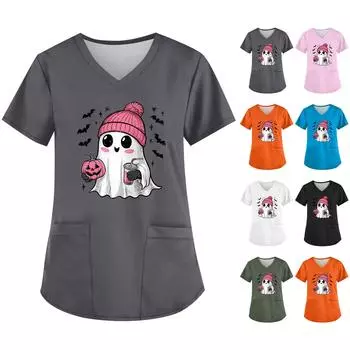 Женская симпатичная рабочая одежда с принтом призрака, V-образный вырез, двухслойные карманы, базовый короткий рукав, пуловер на Хэллоуин L розовый