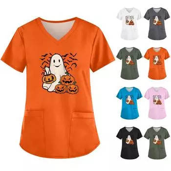 Женская симпатичная рабочая одежда с принтом призрака, V-образный вырез, двухслойные карманы, базовый короткий рукав, пуловер на Хэллоуин M