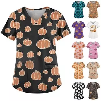 Женская симпатичная рабочая одежда с принтом призрака, V-образный вырез, двухслойные карманы, базовый короткий рукав, пуловер на Хэллоуин XXXXXL оранжевый