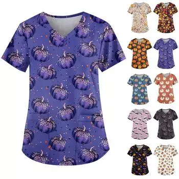 Женская симпатичная рабочая одежда с принтом призрака, V-образный вырез, двухслойные карманы, базовый короткий рукав, пуловер на Хэллоуин XXL синий