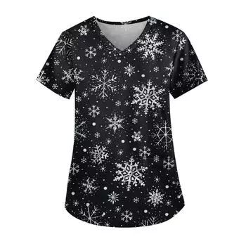 Женская симпатичная рабочая одежда с принтом, V-образным вырезом, двухслойными карманами, базовым коротким рукавом, пуловером на Рождество L чёрный