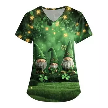 Женская симпатичная рабочая одежда с принтом, V-образным вырезом, двухслойными карманами, базовым коротким рукавом, пуловером St.. День Патрика L армия зеленый