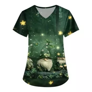 Женская симпатичная рабочая одежда с принтом, V-образным вырезом, двухслойными карманами, базовым коротким рукавом, пуловером St.. День Патрика L армия зеленый