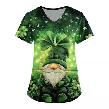 Женская симпатичная рабочая одежда с принтом, V-образным вырезом, двухслойными карманами, базовым коротким рукавом, пуловером St.. День Патрика L армия зеленый