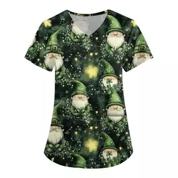 Женская симпатичная рабочая одежда с принтом, V-образным вырезом, двухслойными карманами, базовым коротким рукавом, пуловером St.. День Патрика L армия зеленый