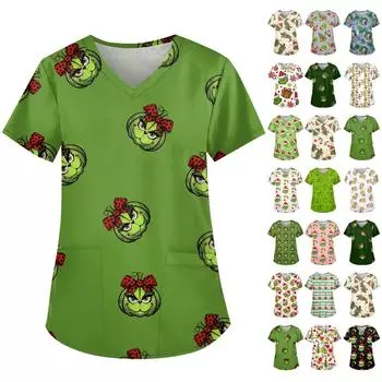 Женская симпатичная рабочая одежда с принтом, V-образным вырезом, двухслойными карманами, базовым коротким рукавом, пуловером на Рождество L синий