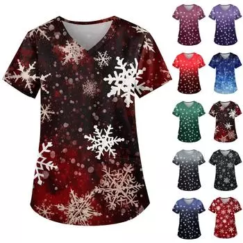 Женская симпатичная рабочая одежда с принтом, V-образным вырезом, двухслойными карманами, базовым коротким рукавом, пуловером на Рождество XXXXL