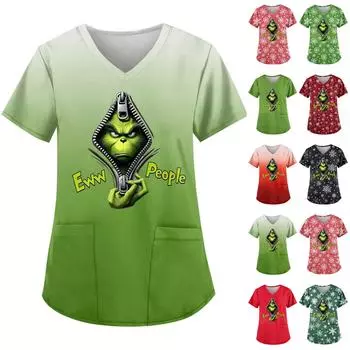 Женская симпатичная рабочая одежда с принтом, V-образным вырезом, двухслойными карманами, базовым коротким рукавом, пуловером на Рождество L