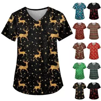 Женская симпатичная рабочая одежда с принтом, V-образным вырезом, двухслойными карманами, базовым коротким рукавом, пуловером на Рождество XXXXL