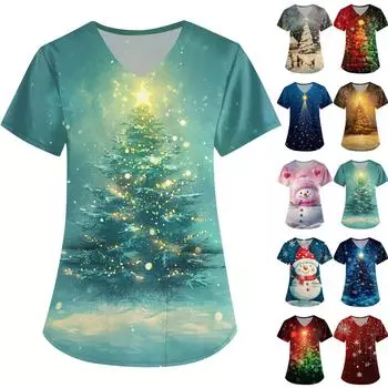 Женская симпатичная рабочая одежда с принтом, V-образным вырезом, двухслойными карманами, базовым коротким рукавом, пуловером на Рождество XXXL
