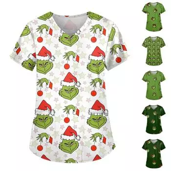 Женская симпатичная рабочая одежда с принтом, V-образным вырезом, двухслойными карманами, базовым коротким рукавом, пуловером на Рождество XXXL