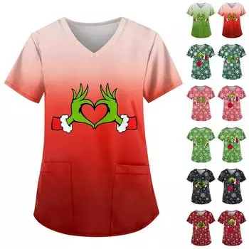 Женская симпатичная рабочая одежда с принтом, V-образным вырезом, двухслойными карманами, базовым коротким рукавом, пуловером на Рождество XXL