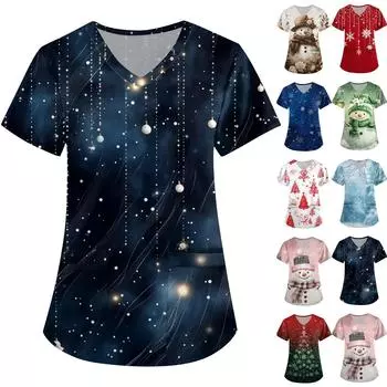 Женская симпатичная рабочая одежда с принтом, V-образным вырезом, двухслойными карманами, базовым коротким рукавом, пуловером на Рождество XXL