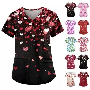 Женская симпатичная рабочая одежда с принтом, V-образным вырезом, двухслойными карманами, базовым коротким рукавом, пуловером на Рождество XXXL чёрный