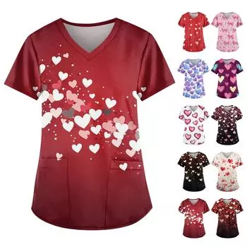 Женская симпатичная рабочая одежда с принтом, V-образным вырезом, двухслойными карманами, базовым коротким рукавом, пуловером на Рождество XXL белый