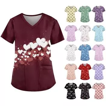 Женская симпатичная рабочая одежда с принтом, V-образным вырезом, двухслойными карманами, базовым коротким рукавом, пуловером на Рождество XXXL