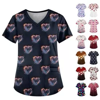 Женская симпатичная рабочая одежда с принтом, V-образным вырезом, двухслойными карманами, базовым коротким рукавом, пуловером на Рождество XXL