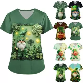Женская симпатичная рабочая одежда с принтом, V-образным вырезом, двухслойными карманами, базовым коротким рукавом, пуловером St.. День Патрика XXXXXL чёрный