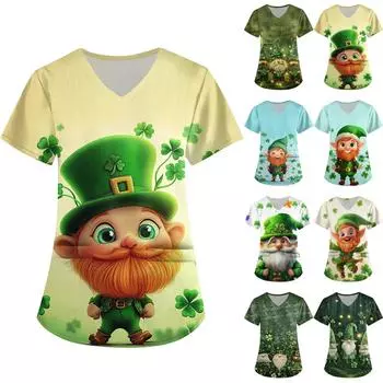 Женская симпатичная рабочая одежда с принтом, V-образным вырезом, двухслойными карманами, базовым коротким рукавом, пуловером St.. День Патрика XL белый