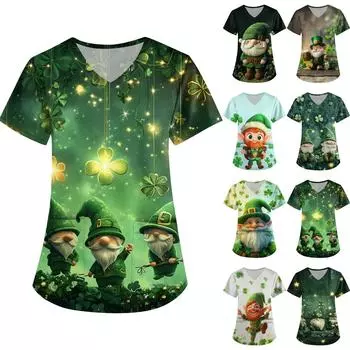 Женская симпатичная рабочая одежда с принтом, V-образным вырезом, двухслойными карманами, базовым коротким рукавом, пуловером St.. День Патрика L