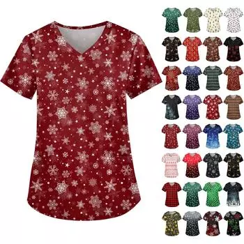 Женская симпатичная рабочая одежда с принтом, V-образным вырезом, двухслойными карманами, базовым коротким рукавом, пуловером на Рождество XXL чёрный