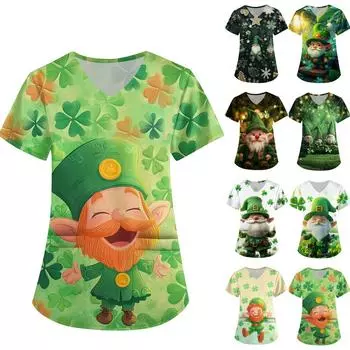 Женская симпатичная рабочая одежда с принтом, V-образным вырезом, двухслойными карманами, базовым коротким рукавом, пуловером St.. День Патрика L армия зеленый
