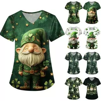 Женская симпатичная рабочая одежда с принтом, V-образным вырезом, двухслойными карманами, базовым коротким рукавом, пуловером St.. День Патрика L армия зеленый