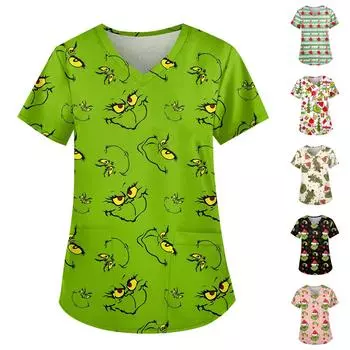 Женская симпатичная рабочая одежда с принтом, V-образным вырезом, двухслойными карманами, базовым коротким рукавом, пуловером на Рождество XXXXL