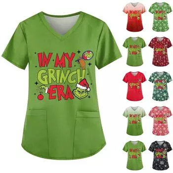 Женская симпатичная рабочая одежда с принтом, V-образным вырезом, двухслойными карманами, базовым коротким рукавом, пуловером на Рождество XL