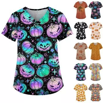 Женская симпатичная рабочая одежда с принтом, V-образным вырезом, двухслойными карманами, базовым коротким рукавом, пуловером на Хэллоуин L чёрный