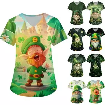 Женская симпатичная рабочая одежда с принтом, V-образным вырезом, двухслойными карманами, базовым коротким рукавом, пуловером St.. День Патрика XL белый