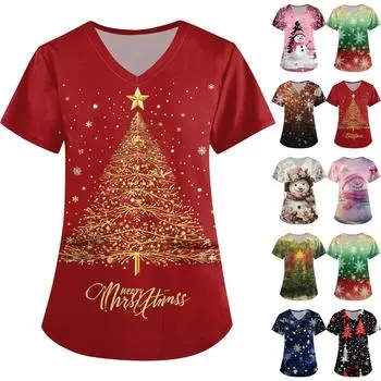 Женская симпатичная рабочая одежда с принтом, V-образным вырезом, двухслойными карманами, базовым коротким рукавом, пуловером на Рождество XXXXXL бежевый