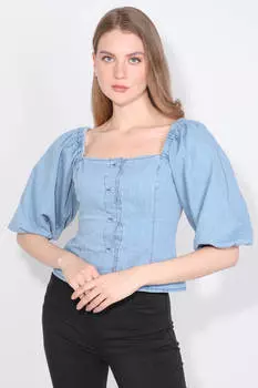 Женская синяя джинсовая блуза с запонками с воздушными шарами