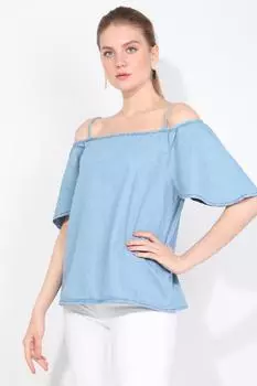 Женская синяя джинсовая блузка с тонкими бретельками и открытыми плечами