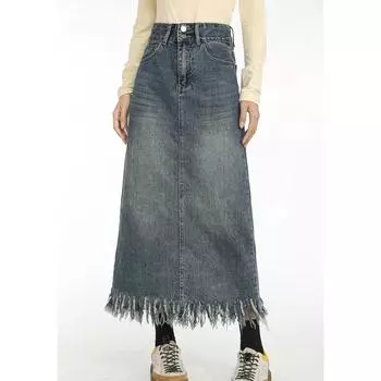 Женская синяя джинсовая юбка-трапеция Y2k, элегантные длинные джинсовые юбки Harajuku, эстетичная винтажная ковбойская юбка с кисточками, одежда 2000-х годов, лето S синий