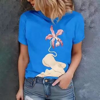 Женская синяя футболка с абстрактным цветочным принтом, повседневный летний стиль, круглый вырез, короткий рукав, топ для повседневной носки S