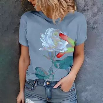 Женская синяя футболка с рисунком белой розы, повседневный летний стиль, круглый вырез, короткий рукав, топ для повседневной носки S
