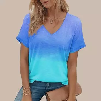 Женская синяя футболка с v-образным вырезом и короткими рукавами, окрашенная в ореол, свободная футболка, повседневная рубашка XS синий