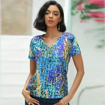 Женская синяя футболка с v-образным вырезом и короткими рукавами, с цветочным принтом, свободная футболка, повседневная рубашка XS синий
