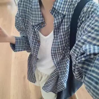 Женская синяя клетчатая рубашка-куртка - корейский осенний стиль, свободный повседневный кардиган-топ Double Extra Large синий