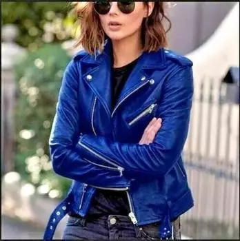 Женская синяя куртка из натуральной овчины ручной работы стильная байкерская мотоциклетная S синий