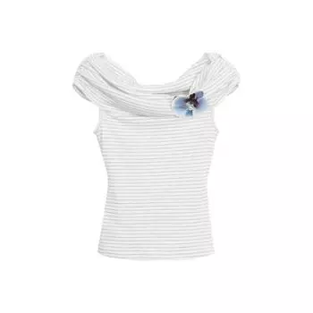 Женская синяя полосатая облегающая футболка с открытыми плечами S