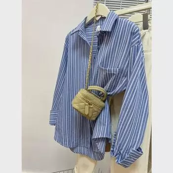 Женская синяя полосатая рубашка с длинными рукавами — коллекция весна-лето 2024 во французском стиле Medium