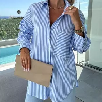 Женская синяя розовая полосатая рубашка на пуговицах, повседневная свободная рубашка с длинным рукавом и одним карманом, офисная женская блузка, майки, майки, женские майки S розовый