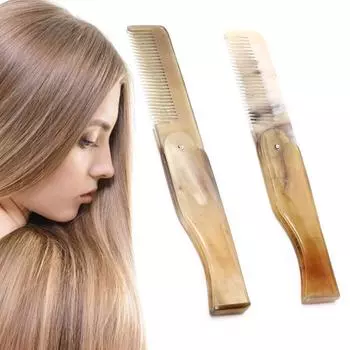 Женская складная расческа с мелкими зубьями из бычьего рога для всех типов волос, борода, усы A