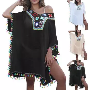 Женская солнцезащитная блузка с разрезом и v-образным вырезом, связанная крючком вручную в стиле пэчворк с цветочным принтом One Size бежевый