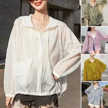 Женская солнцезащитная одежда, летнее пальто с капюшоном и длинными рукавами, с карманами, солнцезащитная одежда