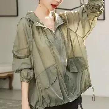 Женская солнцезащитная одежда, летнее пальто с капюшоном и длинными рукавами, с карманами, солнцезащитная одежда армия зеленый
